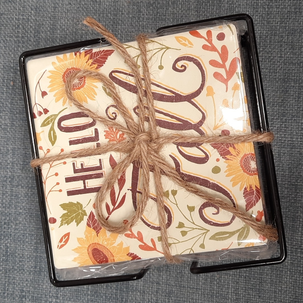 Ceramic Absorbent Coaster Set Fall Autumn Harvest Thanksgiving Blessings NWT